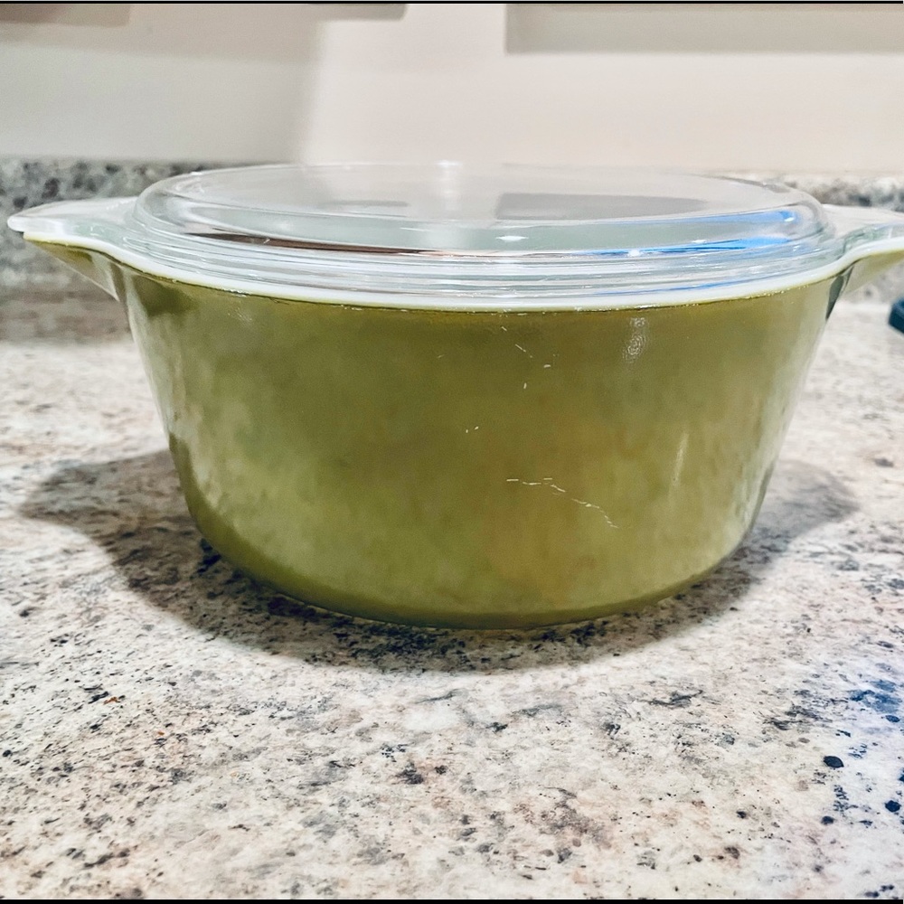 Vintage Pyrex green ovenware with glass flat lid